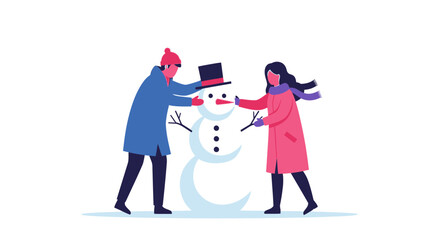 Cheerful couple building a snowman together brings winter joy and holiday spirit, perfect for seasonal campaigns and heartwarming designs originally a scalable vector
