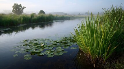 A tranquil wetland landscape with water lilies floating on the calm water bordered by lush green reeds and veiled in soft morning mist