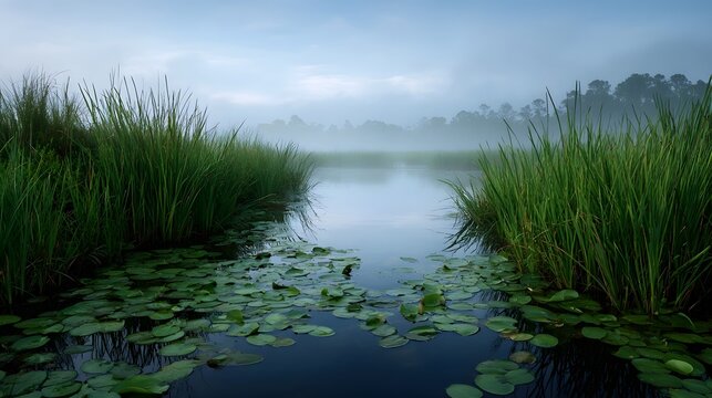 A tranquil wetland pond with tall grasses and lily pads bathed in soft morning mist