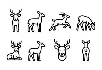 Set of eight line art deer illustrations in various poses, including standing, grazing, and profile views. Perfect for logo designs, children's books, or educational materials.