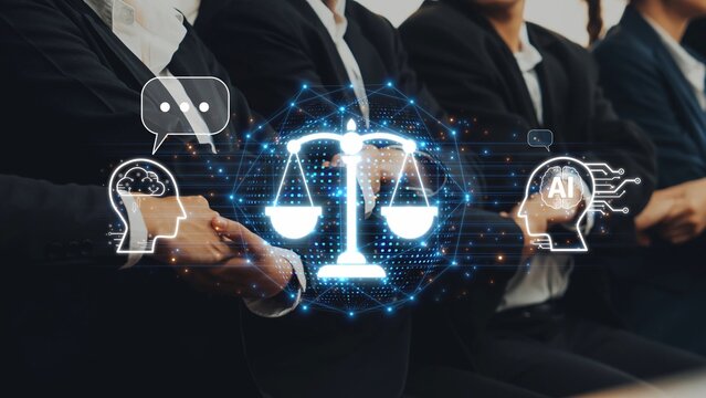 A group of business professionals in suits engages in a discussion about legal technology, highlighting artificial intelligence and communication in modern legal practices. Raster