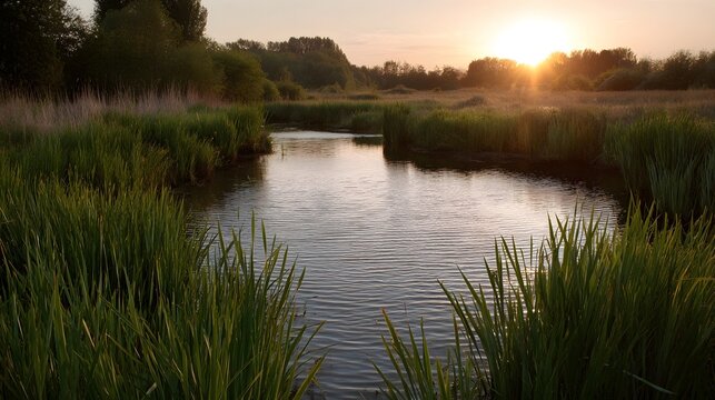 Serene wetland landscape at sunset with tall grasses reflecting golden hour sunlight on the calm water surface creating a peaceful and tranquil