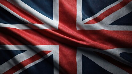 United Kingdom flag stretched tightly across frame, photographed symmetrically with crisp edges and sharp lines. Lighting evenly distributed,