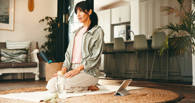 Fitness, yoga and woman in house with tablet, video tutorial and streaming of online class. Pilates, health guide and exercise in home with tech, wellness or performance routine on digital app. - Powered by Adobe