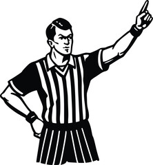 Illustration of a referee in a striped shirt, raising one arm to make a decision. The facial expression is serious, conveying authority and focus.