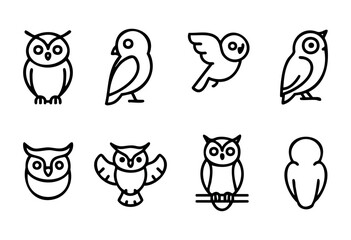 Fototapeta premium Collection of eight minimalist line art owl icons. Different poses and styles of owls are presented in a simple, black and white design. Perfect for branding, websites, or app design.