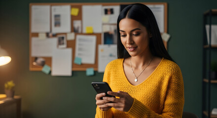 Smiling young woman using smartphone at home office desk, browsing social media or texting for digital communication and remote work.