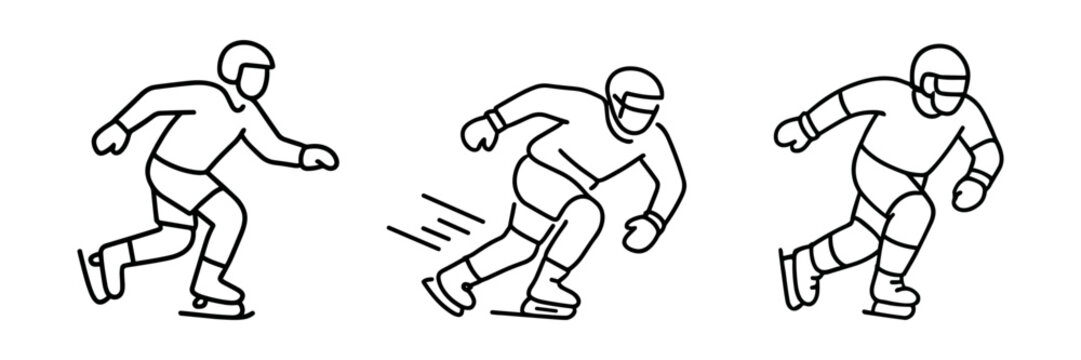 Ice cross downhill athletes icon set showing high-speed skating with protective gear. Linear action symbols for extreme sports content, infographics, and apps. Vector illustration.