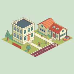 Isometric illustration of a suburban scene with two houses, one two-story and one with a red roof, a street, a pedestrian, trees, and a parked car.