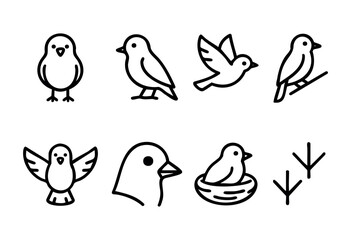 Obraz premium Set of eight line art bird icons, including various bird poses, a bird in a nest, and bird tracks. Perfect for web design, app icons, or children's illustrations.