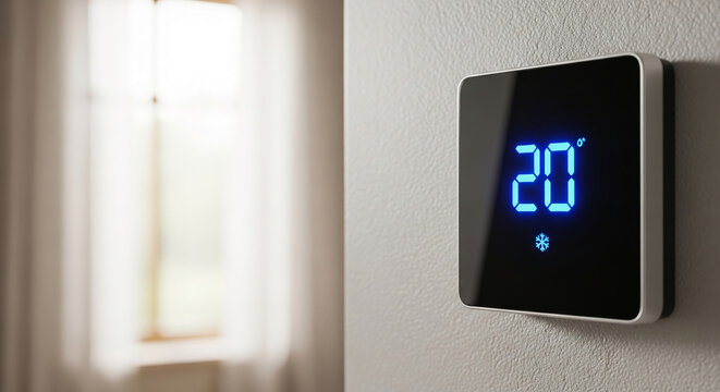 Close-up of a digital thermostat on a textured wall displaying 20 degrees, representing control, technology, and temperature adjustment for comfort