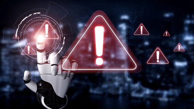 AI monitors network to issue real-time alerts for cybersecurity incidents. Alert warning show red cyber for data breach, network threat, emphasis on security risk, caution, digital protection Marrow