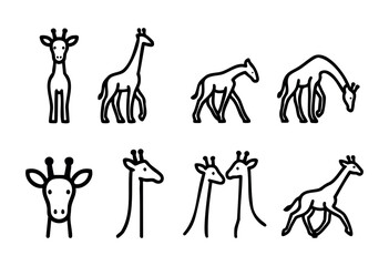 Collection of eight line art illustrations depicting giraffes in various poses, including standing, walking, and interacting. Simple, bold outlines on a white background.