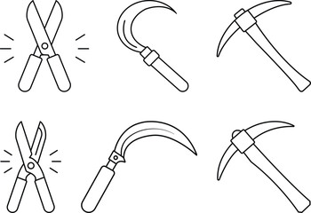 Minimalist Gardening and Mining Tools Line Icon Set