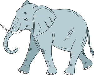 Fototapeta premium A cartoon elephant in light blue is depicted walking gracefully. It has a content expression with eyes closed, floppy ears, and a curving trunk.