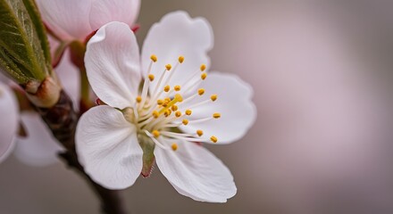Close up of a delicate white flower with yellow stamen in soft focus