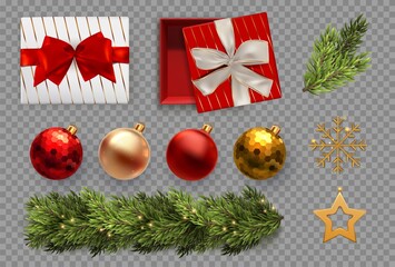 Transparent background set with christmas ornaments gifts and pine elements in realistic style