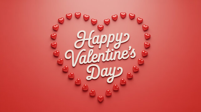 Happy valentines day greeting card with red heart shaped candies on a red background, a festive design