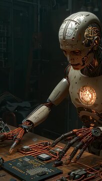 Vertical video: Detecting board signal, humanoid robot scanning and repairing board in lab, wiring