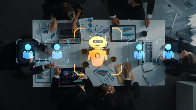 A high-tech business meeting features professionals collaborating with advanced technology and robotics. This dynamic environment promotes innovative ideas and strategic discussions. Raster - Powered by Adobe