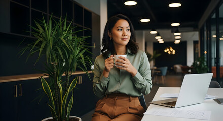 Thoughtful young Asian businesswoman taking a coffee break in a modern office, looking away while relaxing at her desk with a laptop.