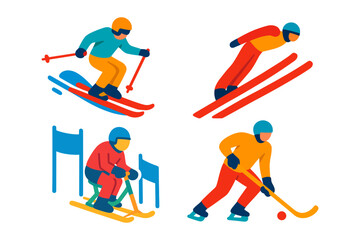 Fototapeta premium Flat color illustration set of winter sports: freestyle skiing, ski jumping, para-alpine skiing (sit-ski), and ice hockey