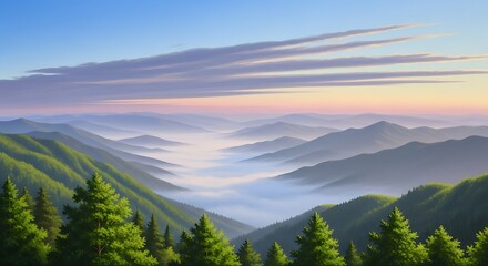 Photo of a breathtaking view of a mountain range covered in fog at sunrise, with green trees