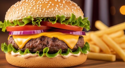 Gourmet burger with melted cheese and crunchy fries