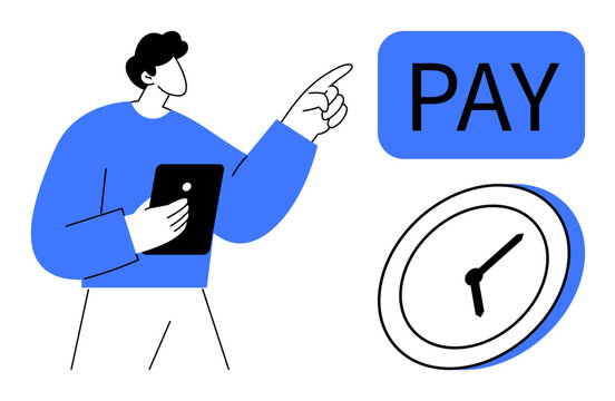 Person holding tablet pointing at pay message alongside clock emphasizing time management. Ideal for finance, payment, deadlines, scheduling, reminders, digital tools, productivity. Simple flat