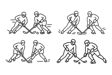 Black and white line art illustrations of ice hockey players in action. Each pair of athletes is shown skating and battling for the puck with dynamic posture