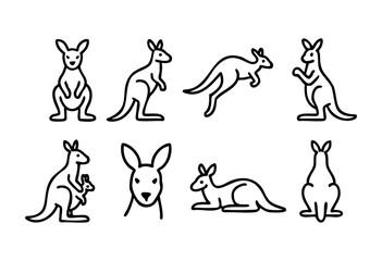 Naklejka premium Set of eight line art kangaroo illustrations in various poses, including standing, jumping, sitting, and a mother kangaroo with a joey. Perfect for logos, websites, or children's books.