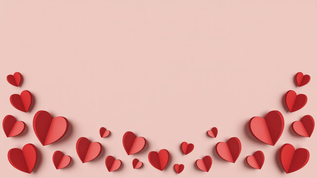 Valentines day background with red paper hearts on pink background with copy space for text