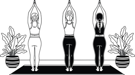 Three women practicing yoga pose with plants for wellness and mindfulness