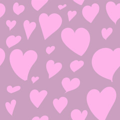 Seamless pattern with pink hearts of various sizes on a light burgundy background for Valentine's Day