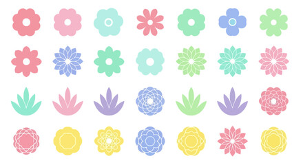 A vibrant collection of diverse floral and leaf-like vector icons in various pastel colors, arranged neatly on a white background.
