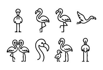 Obraz premium A set of eight line art illustrations depicting flamingos in various poses, including standing, flying, and a pair of flamingos facing each other. 