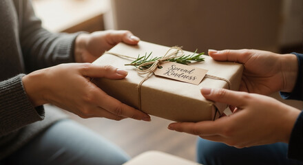 Person to person spread kindness by presenting gift box wrapped in brown paper. Spread kindness through meaningful giving with natural twine and rosemary sprig for added charm.