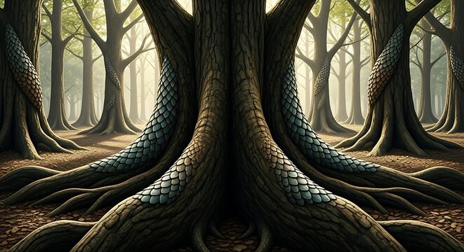 Mystical forest landscape with ancient trees featuring bark resembling dragon scales for fantasy concepts
