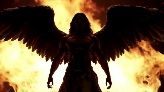 A muscular humanoid figure with large wings stands before a fiery backdrop. Long hair and draped clothing complete the dramatic scene