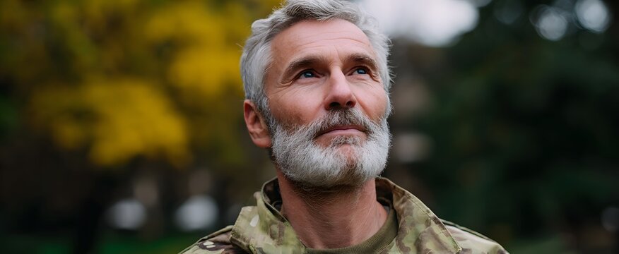 The veteran in military uniform stands tall like a proud oak outdoors.