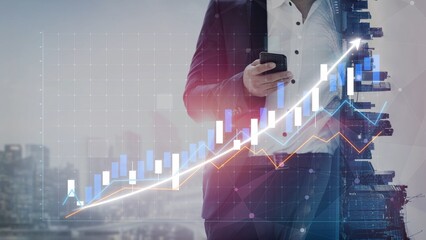 A business professional holds a smartphone with an overlay of financial growth graphics, illustrating key concepts of success and innovation in a modern corporate environment. Copula