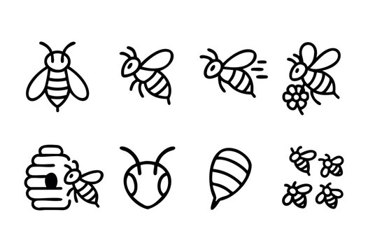 Set of hand-drawn bee icons in black outline style. Includes bees flying, collecting pollen, near a beehive, and a honey-comb. Perfect for honey, nature, and spring themes.