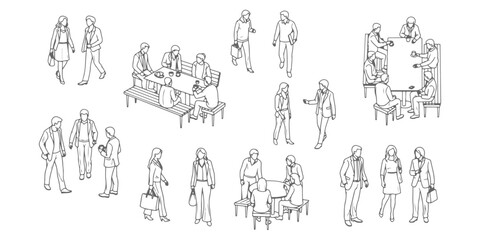 CAD Drawings. People seen from top view — walking, sitting, standing, and interacting. Vector illustration.