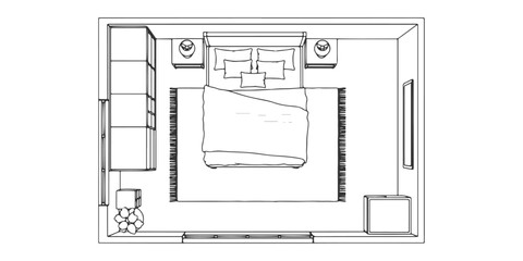 CAD Drawings. Top view of a bedroom layout — bed, nightstands, rug, lamps, and wardrobe. Vector illustration.