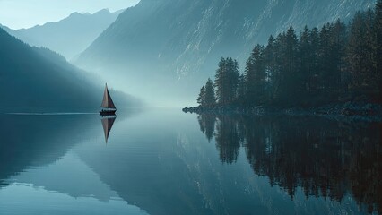 A small sailboat glides on a calm, misty lake surrounded by towering mountains and dense pine trees, evoking tranquility and solitude generative ai