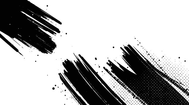 Abstract black grunge brush strokes with halftone texture, dynamic design isolated on