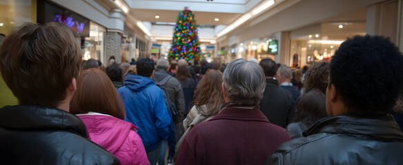 Obraz premium Black friday holiday shopping draws dense crowds through a bustling mall corridor.