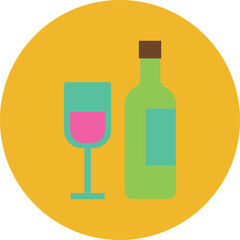 Green Wine Bottle and Glass with Pink Liquid on Yellow Circle Background