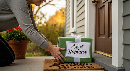 Acts of kindness shown by woman leaving gift at doorstep with acts of kindness message. Acts of kindness demonstrated through present carefully placed on welcome mat, expressing gratitude.