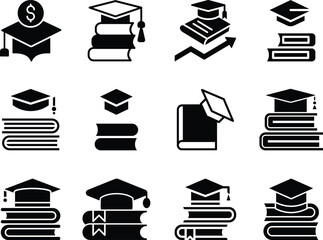 solid graduation hat icon with books Set icons of education, studying and science. Includes human brain, fields of study, graduation, school, university and knowledge. 